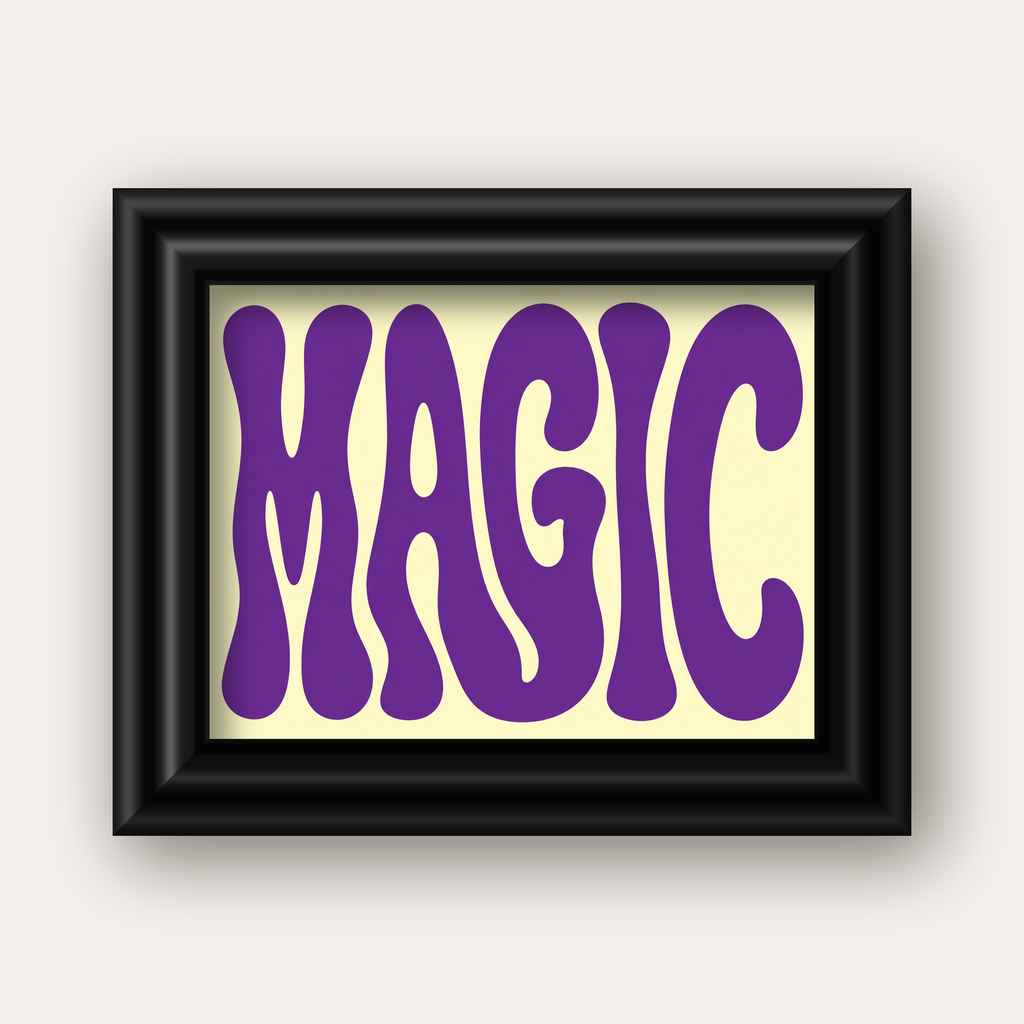 Mor Psychedelic MAGIC Yazılı Retro Poster Duvar Dekoru — siyah galeri çerçeveli