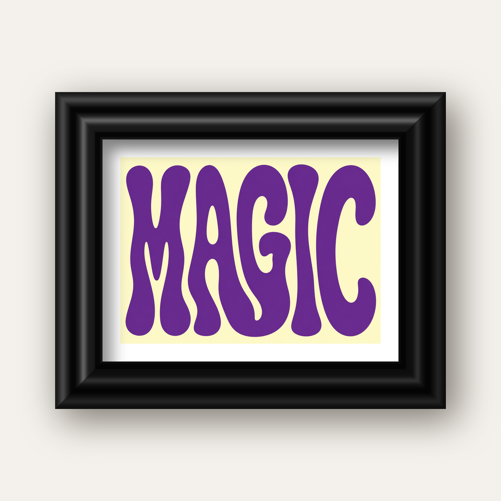 Mor Psychedelic MAGIC Yazılı Retro Poster Duvar Dekoru — siyah galeri çerçeveli paspartulu