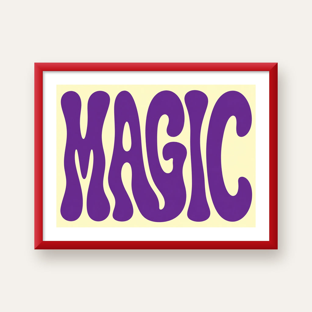 Mor Psychedelic MAGIC Yazılı Retro Poster Duvar Dekoru — kırmızı çerçeveli paspartulu