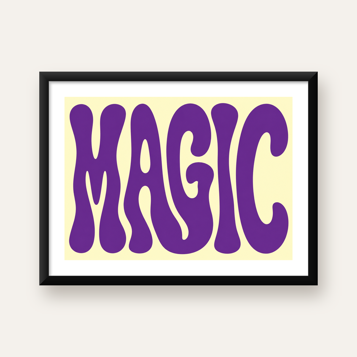 Mor Psychedelic MAGIC Yazılı Retro Poster Duvar Dekoru — Yatay baskı, beyaz paspartulu