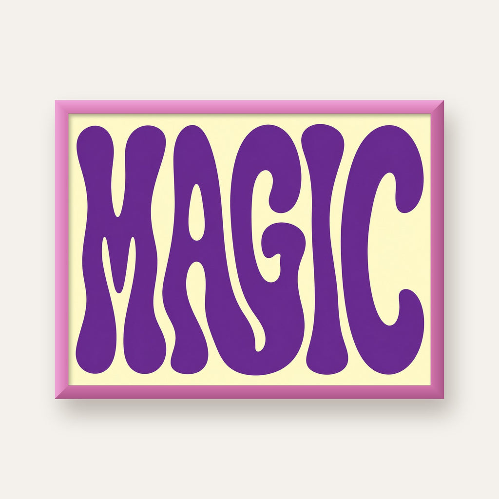 Mor Psychedelic MAGIC Yazılı Retro Poster Duvar Dekoru — pembe çerçeveli