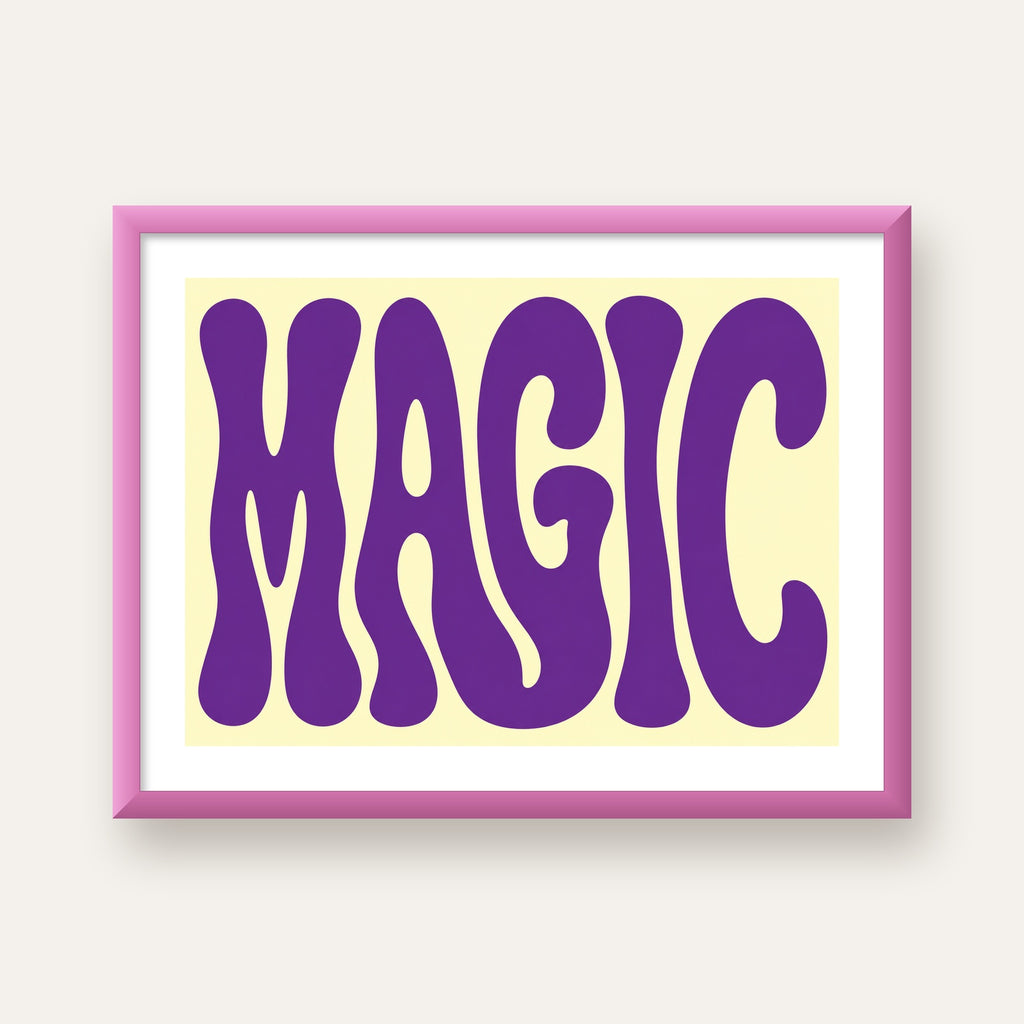 Mor Psychedelic MAGIC Yazılı Retro Poster Duvar Dekoru — pembe çerçeveli paspartulu