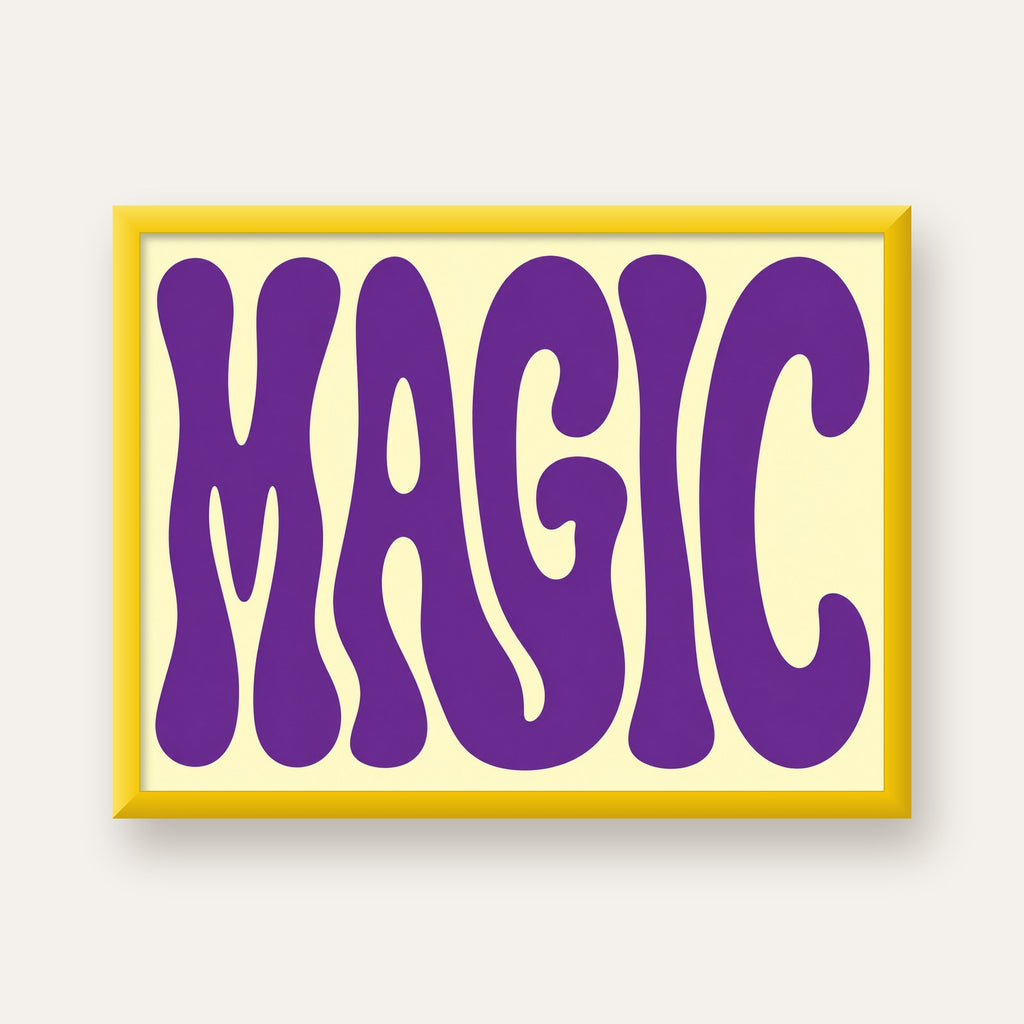 Mor Psychedelic MAGIC Yazılı Retro Poster Duvar Dekoru — sarı çerçeveli