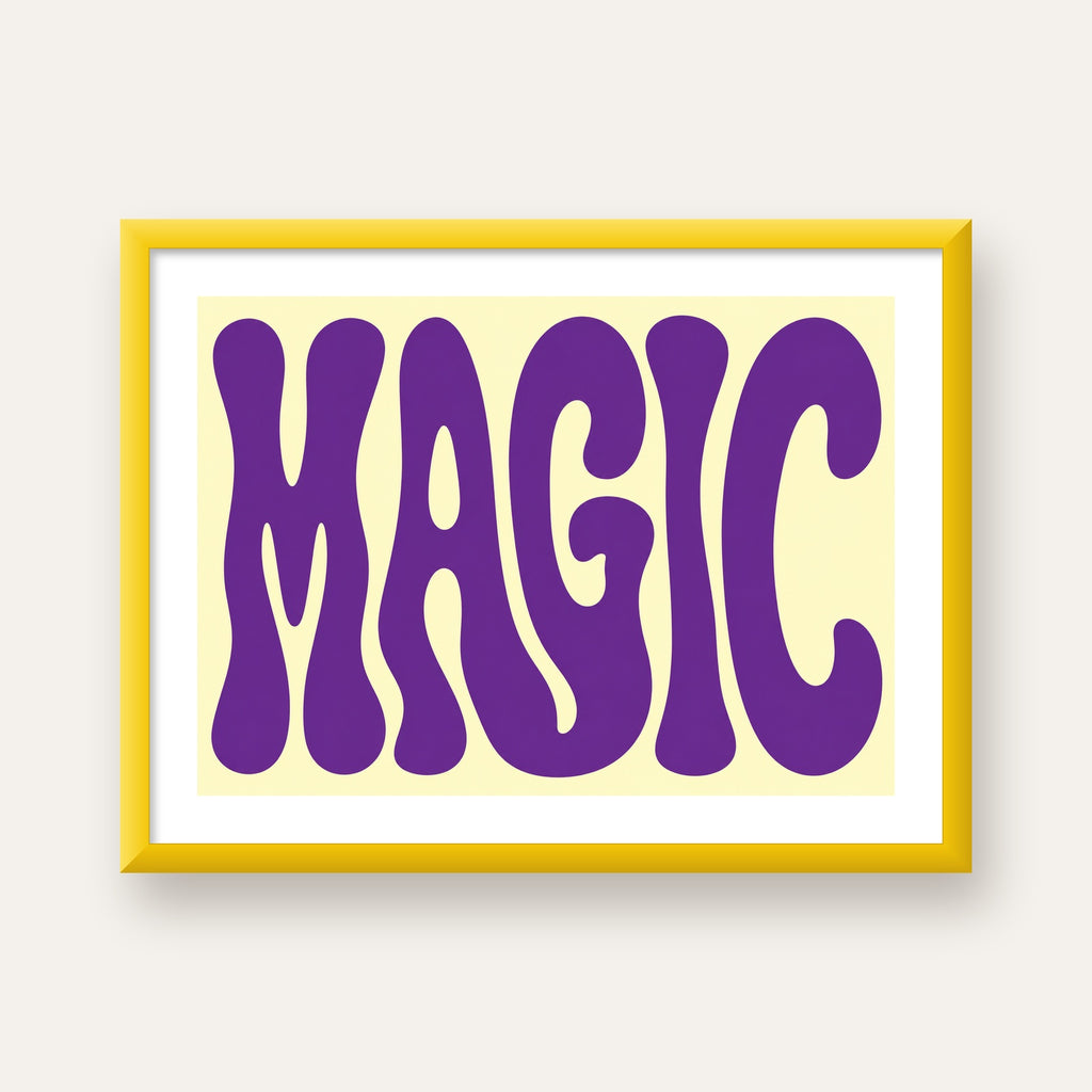 Mor Psychedelic MAGIC Yazılı Retro Poster Duvar Dekoru — sarı çerçeveli paspartulu