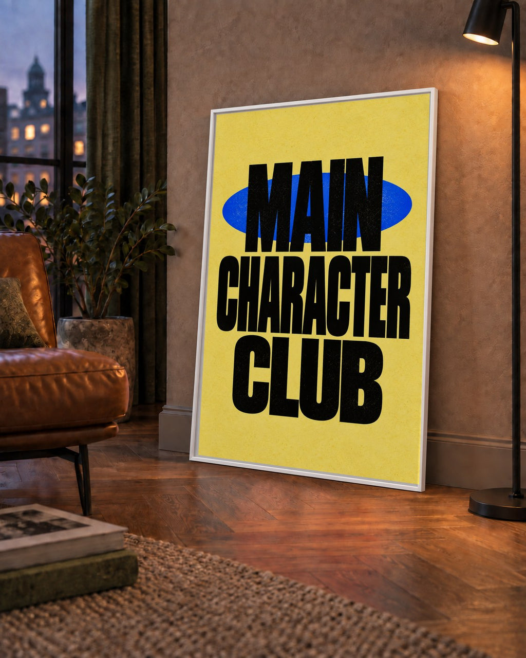 MAIN CHARACTER CLUB Modern Tipografi Poster - Dijital Sanat — çerçeveli hâliyle bir ev duvarında