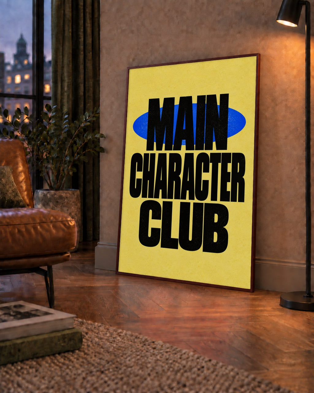 MAIN CHARACTER CLUB Modern Tipografi Poster - Dijital Sanat — çerçeveli hâliyle bir ev duvarında