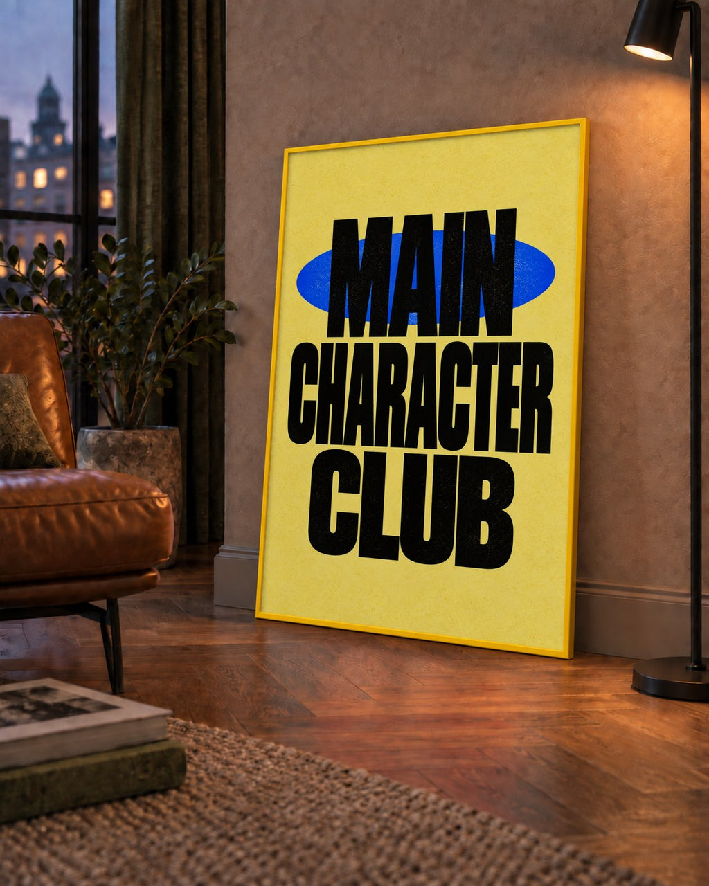 MAIN CHARACTER CLUB Modern Tipografi Poster - Dijital Sanat — çerçeveli hâliyle bir ev duvarında