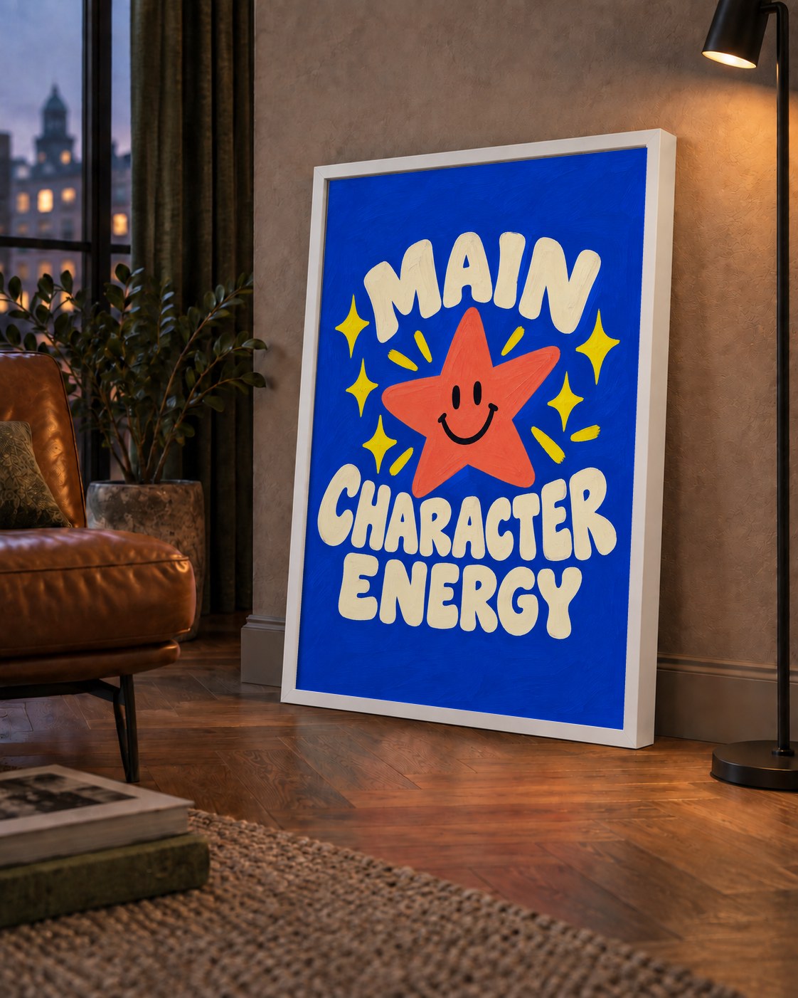 Gülen Yıldız ve 'MAIN CHARACTER ENERGY' Canlı Poster — çerçeveli hâliyle bir ev duvarında