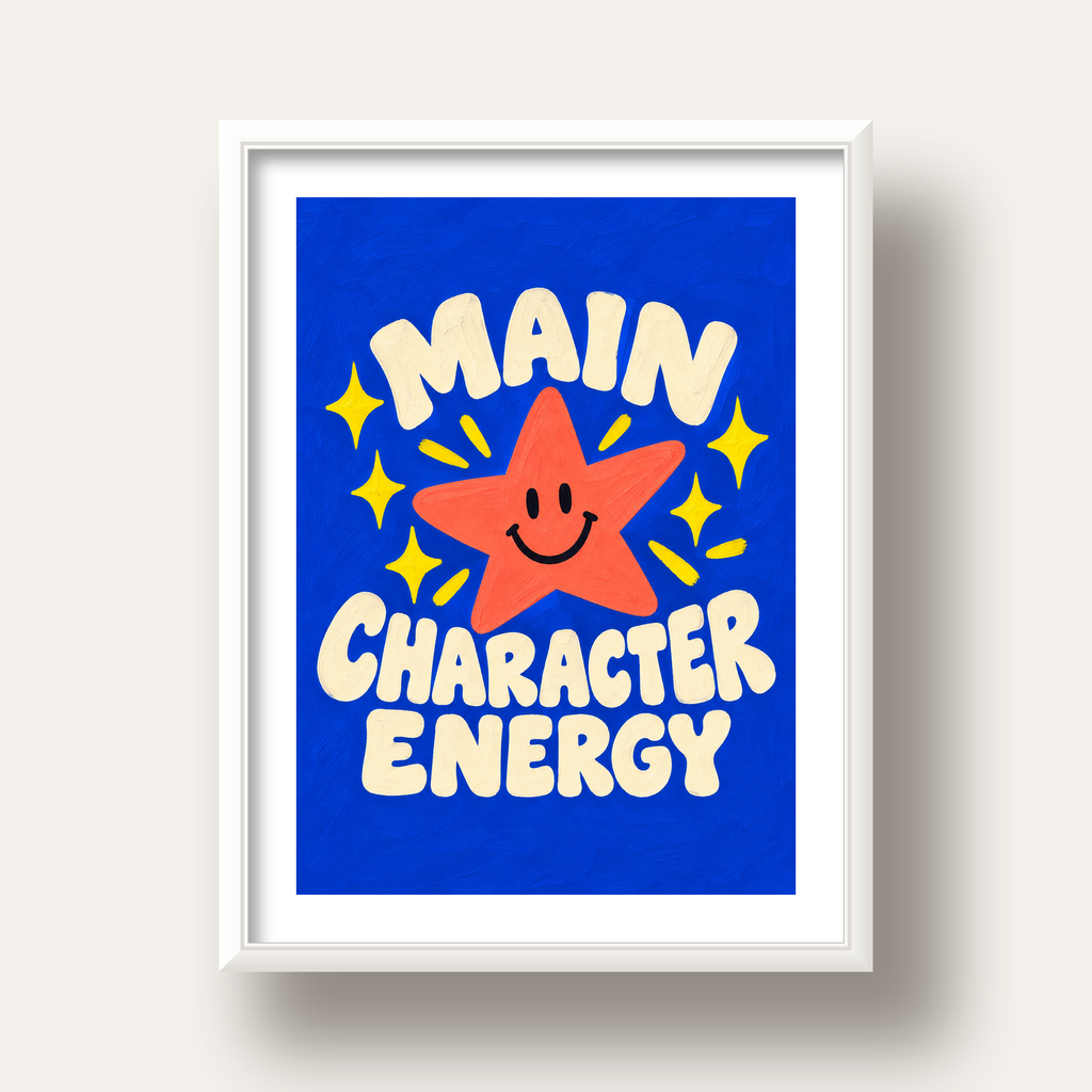 Gülen Yıldız ve 'MAIN CHARACTER ENERGY' Canlı Poster — beyaz derin çerçeveli paspartulu