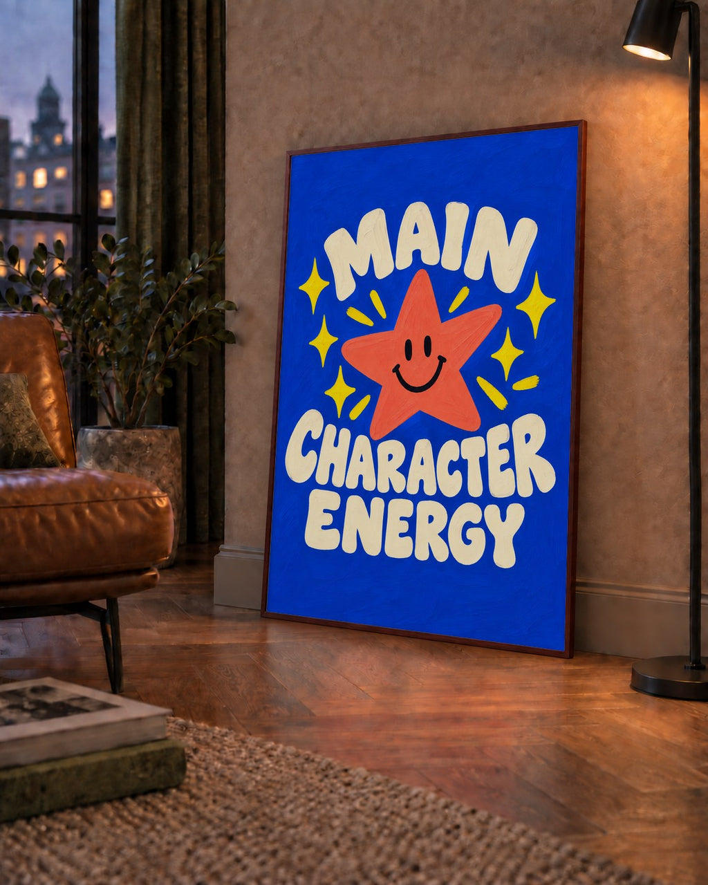 Gülen Yıldız ve 'MAIN CHARACTER ENERGY' Canlı Poster — çerçeveli hâliyle bir ev duvarında