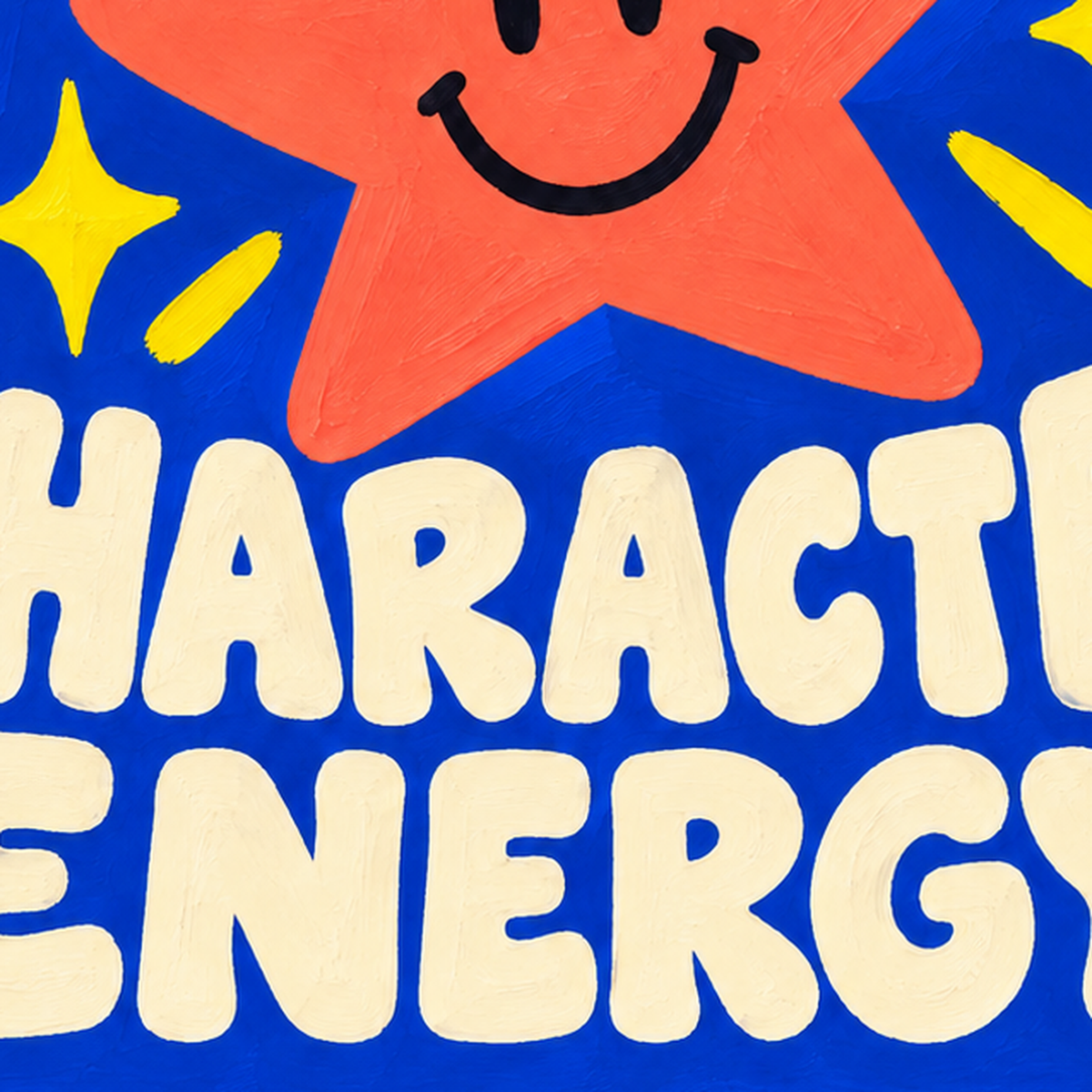 Gülen Yıldız ve 'MAIN CHARACTER ENERGY' Canlı Poster — baskının yakın çekimi, kâğıt dokusu ve renk detayı