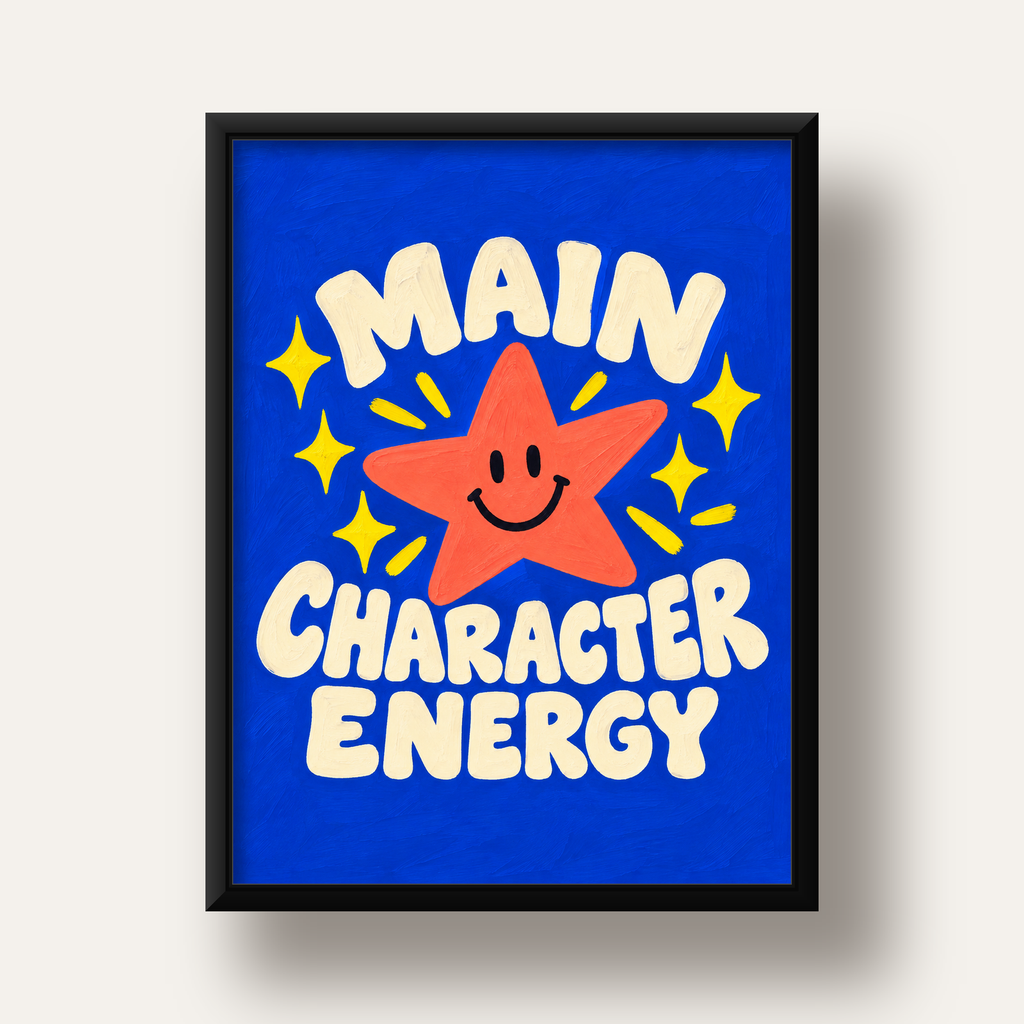 Gülen Yıldız ve 'MAIN CHARACTER ENERGY' Canlı Poster — siyah derin çerçeveli