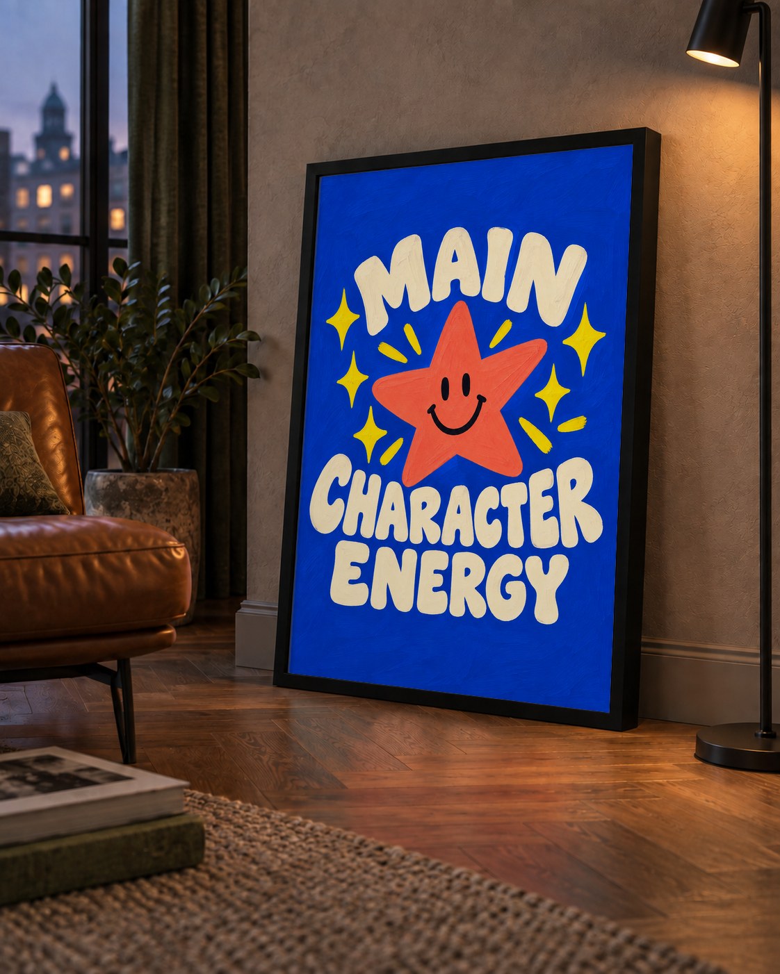 Gülen Yıldız ve 'MAIN CHARACTER ENERGY' Canlı Poster — çerçeveli hâliyle bir ev duvarında