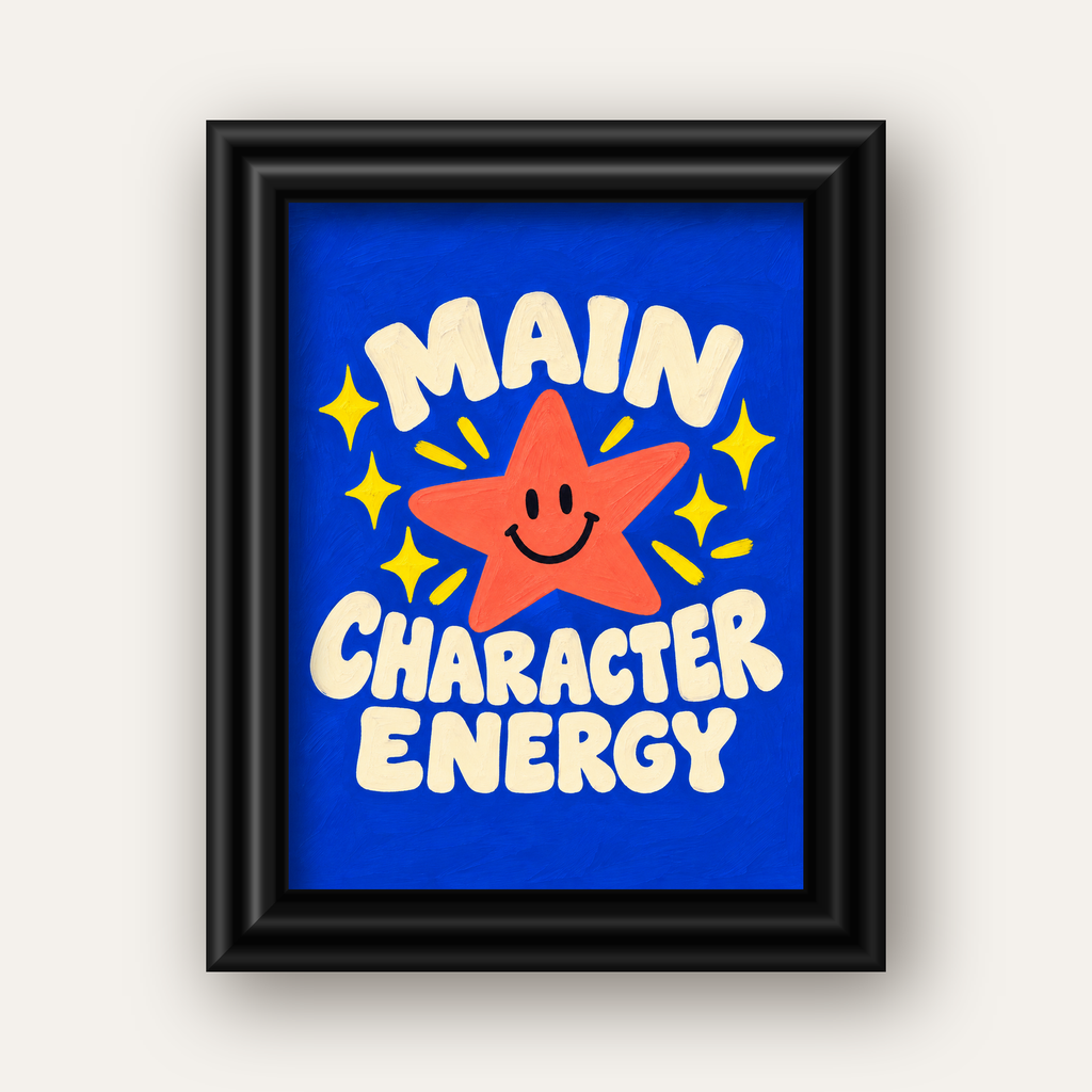 Gülen Yıldız ve 'MAIN CHARACTER ENERGY' Canlı Poster — siyah galeri çerçeveli