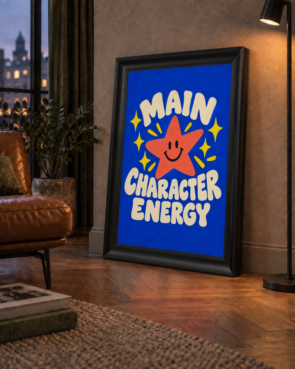 Gülen Yıldız ve 'MAIN CHARACTER ENERGY' Canlı Poster — çerçeveli hâliyle bir ev duvarında