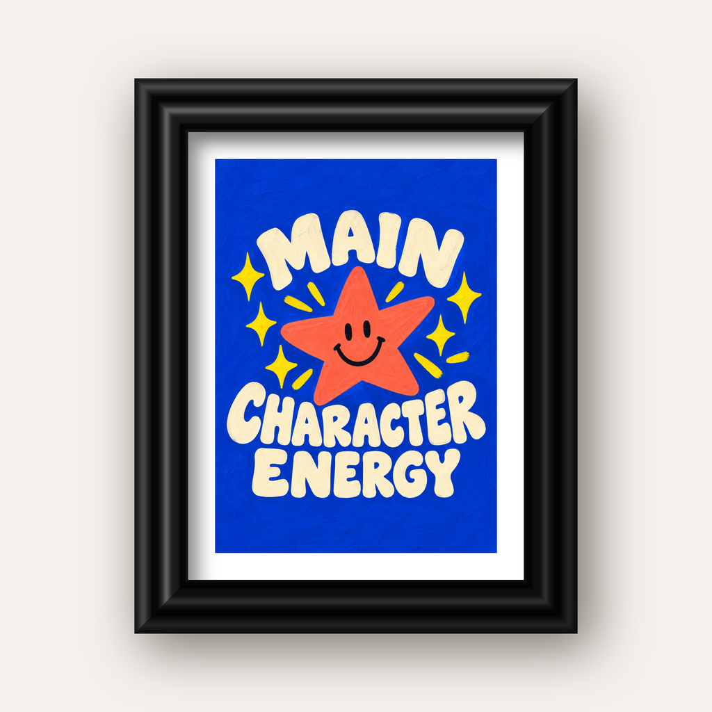 Gülen Yıldız ve 'MAIN CHARACTER ENERGY' Canlı Poster — siyah galeri çerçeveli paspartulu