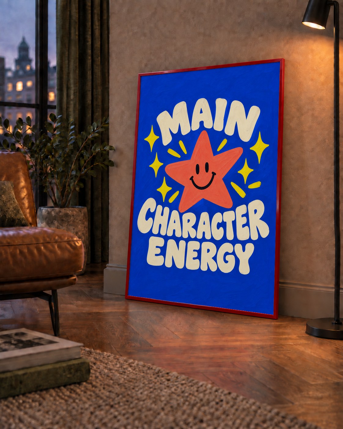 Gülen Yıldız ve 'MAIN CHARACTER ENERGY' Canlı Poster — çerçeveli hâliyle bir ev duvarında