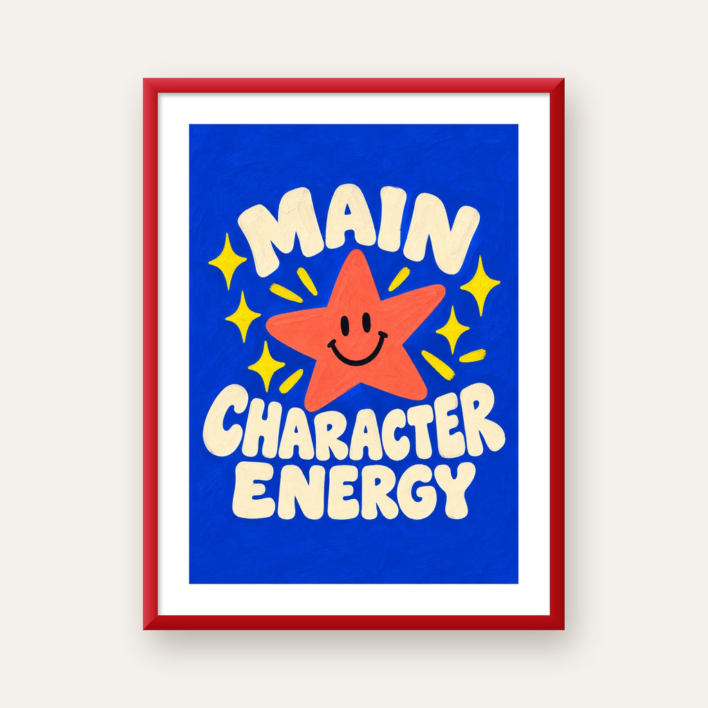 Gülen Yıldız ve 'MAIN CHARACTER ENERGY' Canlı Poster — kırmızı çerçeveli paspartulu