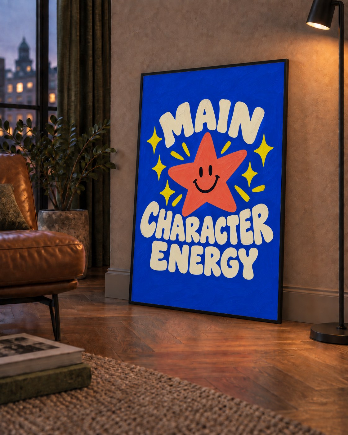 Gülen Yıldız ve 'MAIN CHARACTER ENERGY' Canlı Poster — çerçeveli hâliyle bir ev duvarında