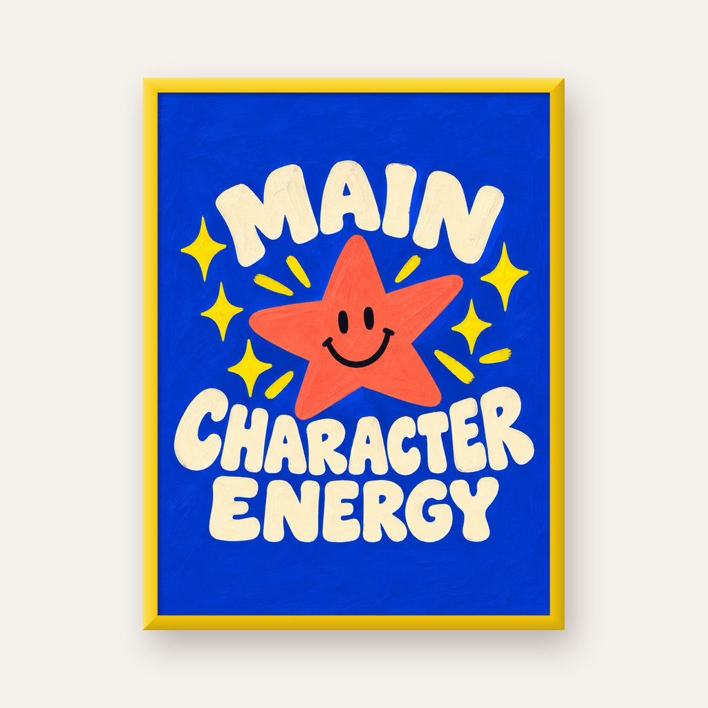 Gülen Yıldız ve 'MAIN CHARACTER ENERGY' Canlı Poster — sarı çerçeveli