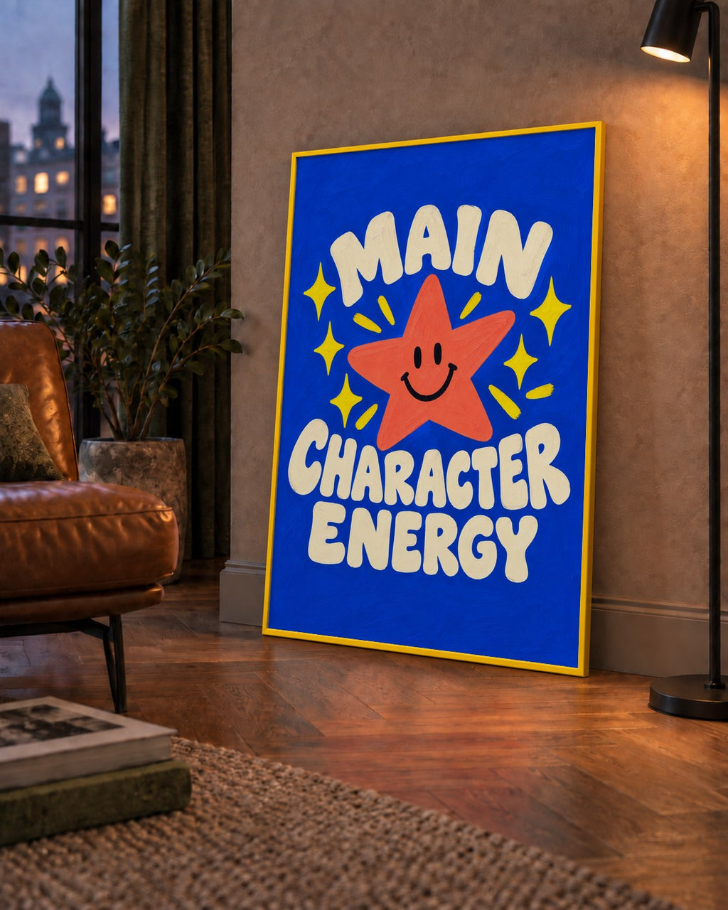Gülen Yıldız ve 'MAIN CHARACTER ENERGY' Canlı Poster — çerçeveli hâliyle bir ev duvarında