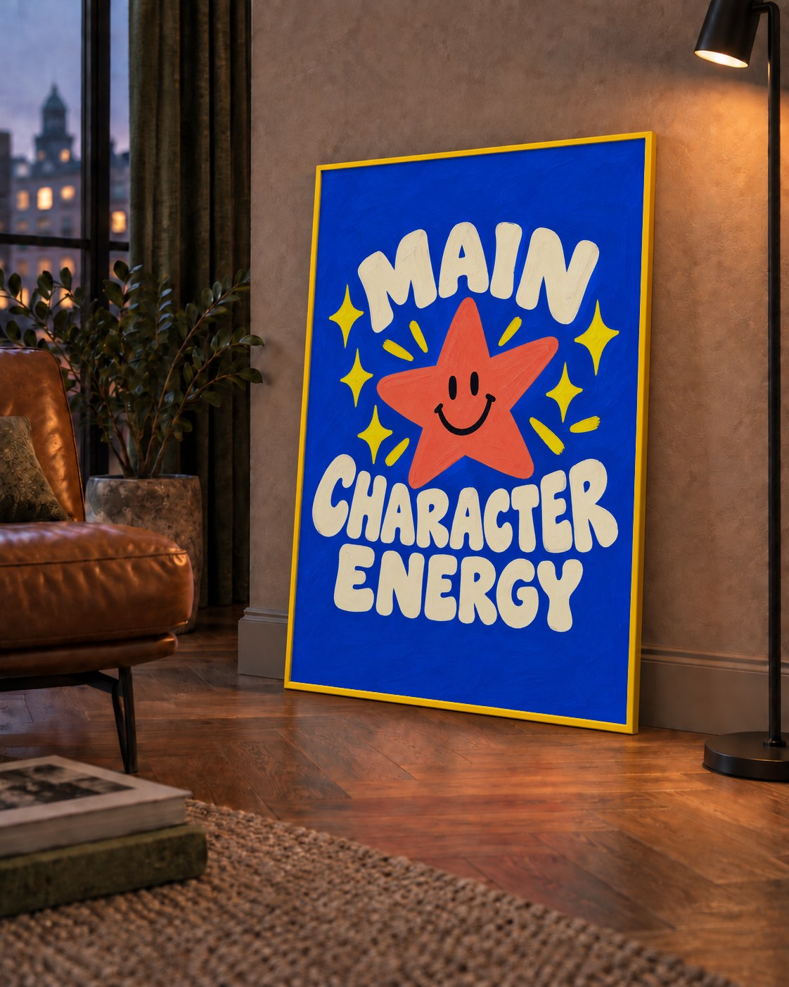 Gülen Yıldız ve 'MAIN CHARACTER ENERGY' Canlı Poster — çerçeveli hâliyle bir ev duvarında