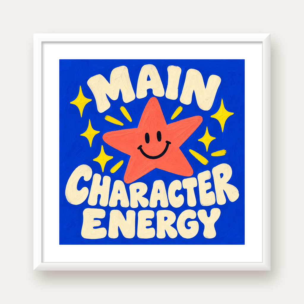 Gülen Yıldız ve 'MAIN CHARACTER ENERGY' Canlı Poster — beyaz çerçeveli kare poster