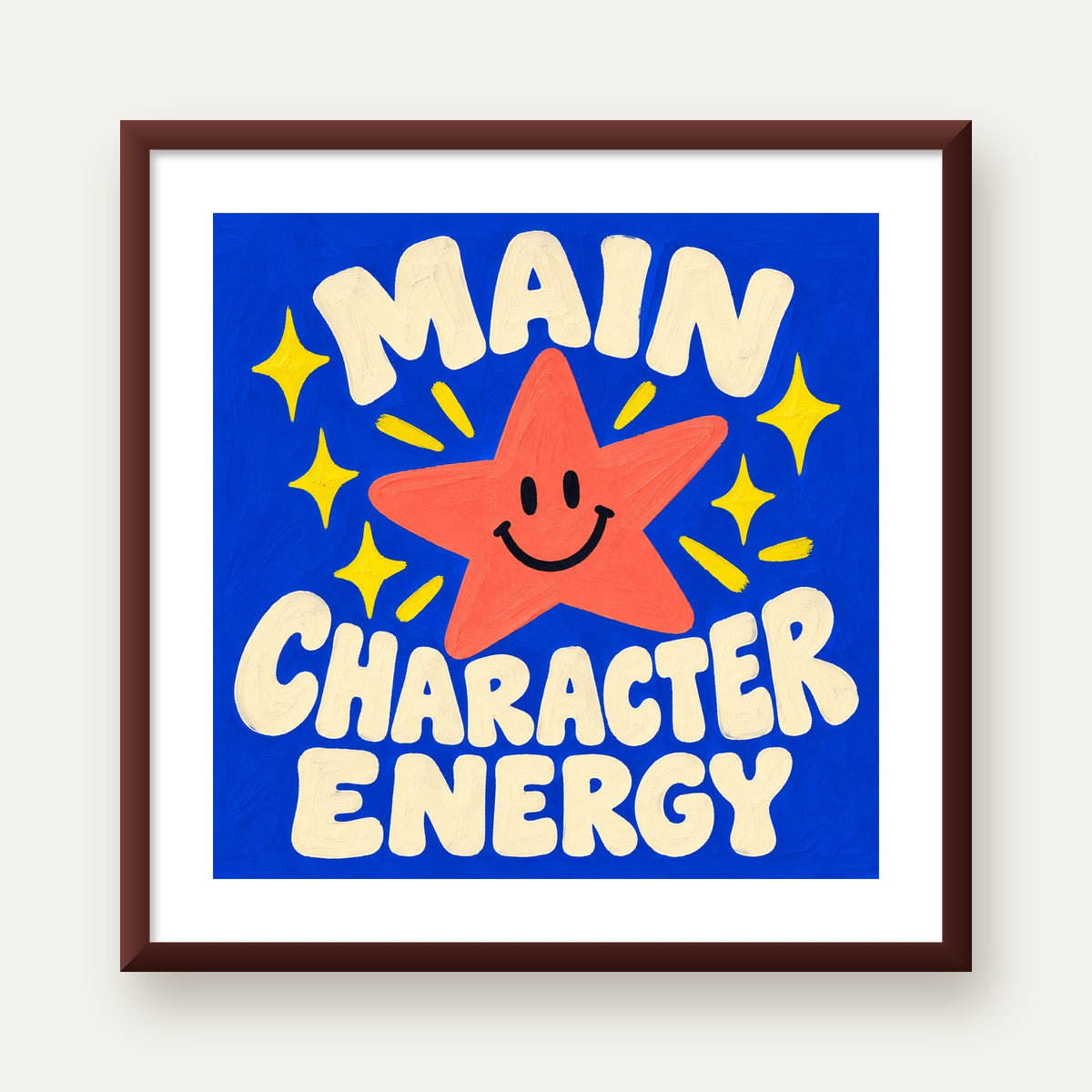 Gülen Yıldız ve 'MAIN CHARACTER ENERGY' Canlı Poster — ceviz çerçeveli paspartulu