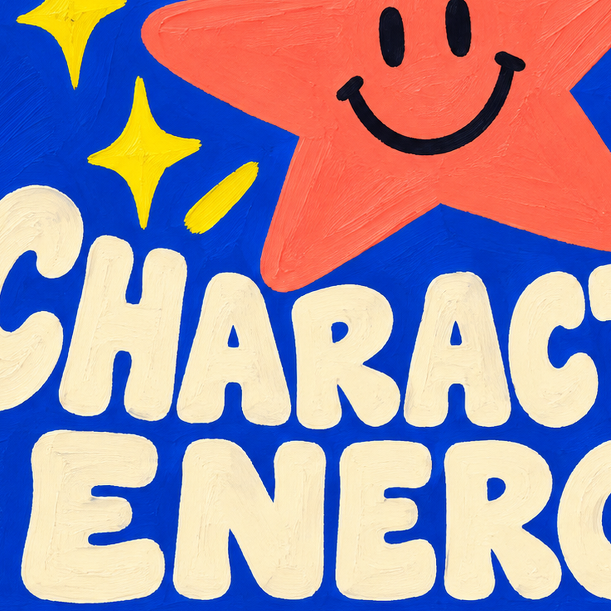 Gülen Yıldız ve 'MAIN CHARACTER ENERGY' Canlı Poster — baskının yakın çekimi, kâğıt dokusu ve renk detayı