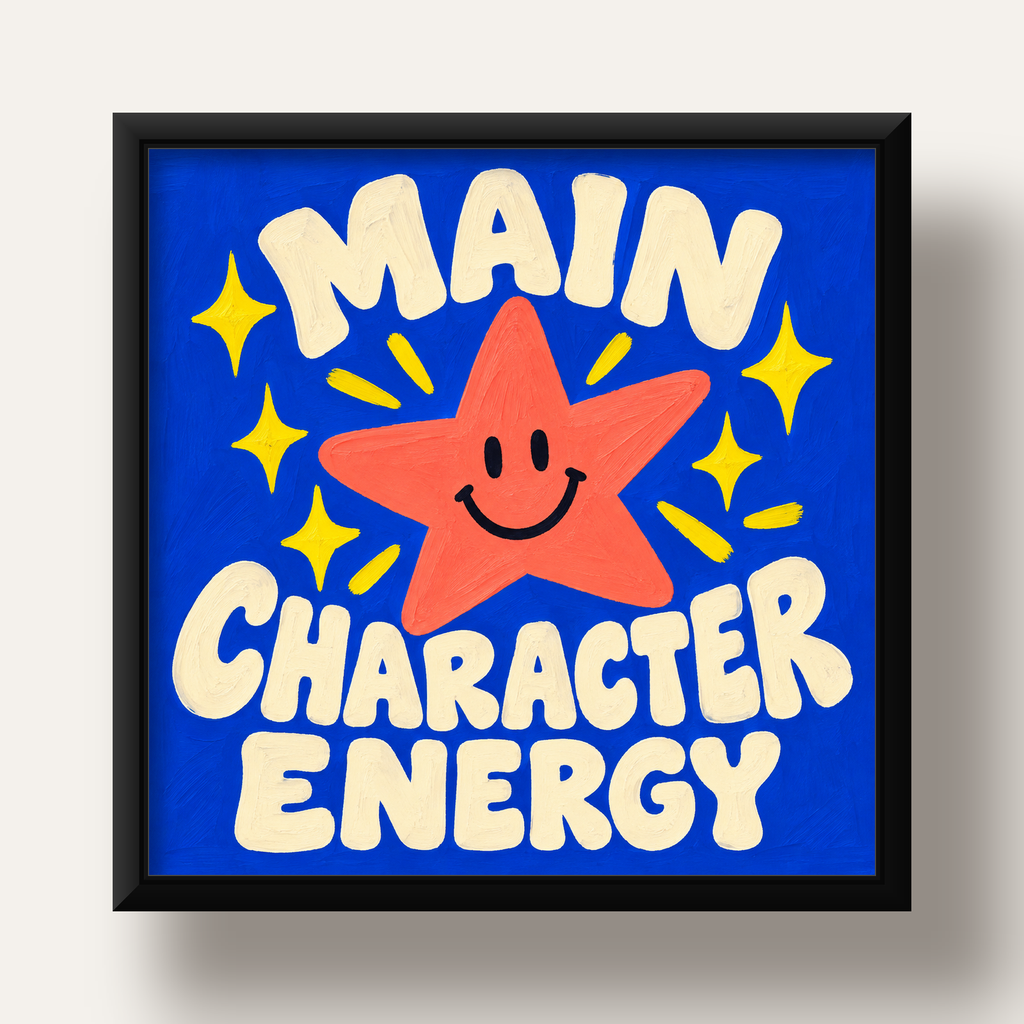 Gülen Yıldız ve 'MAIN CHARACTER ENERGY' Canlı Poster — siyah derin çerçeveli
