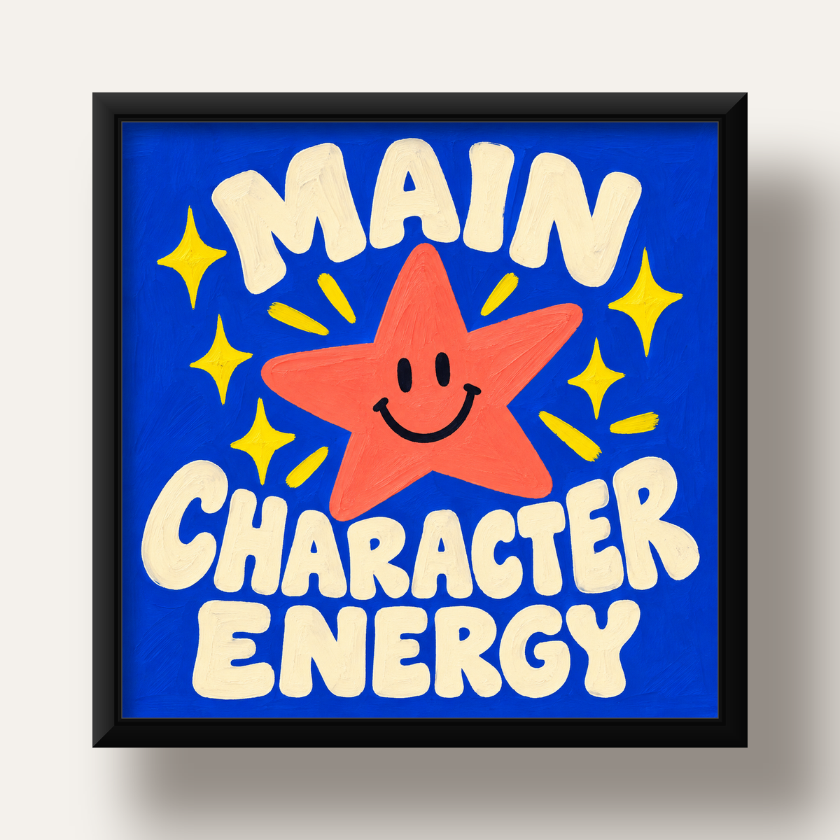 Gülen Yıldız ve 'MAIN CHARACTER ENERGY' Canlı Poster — siyah derin çerçeveli