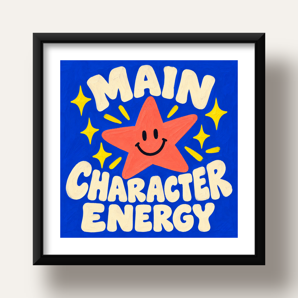Gülen Yıldız ve 'MAIN CHARACTER ENERGY' Canlı Poster — siyah derin çerçeveli paspartulu