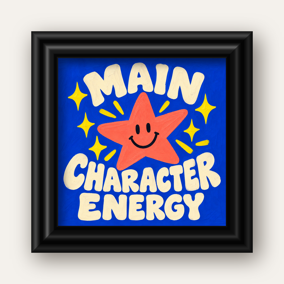 Gülen Yıldız ve 'MAIN CHARACTER ENERGY' Canlı Poster — siyah galeri çerçeveli