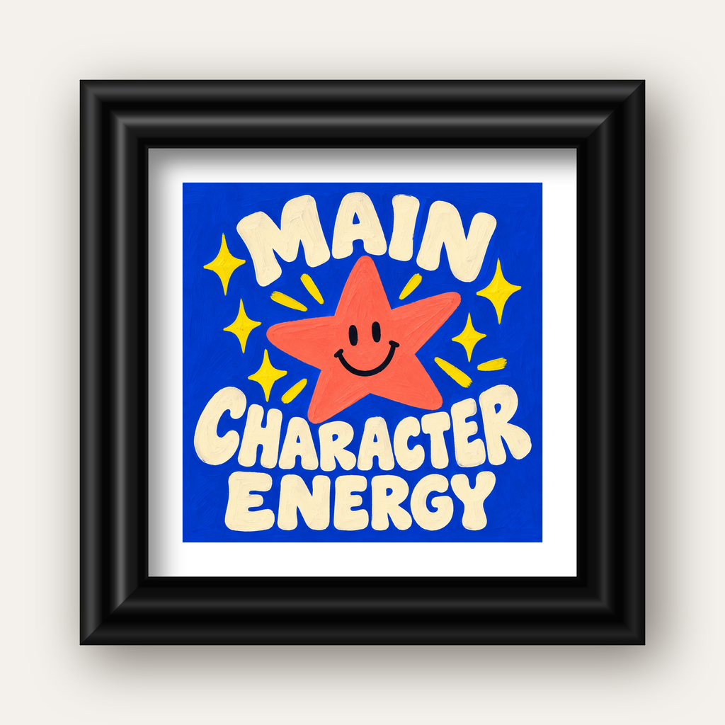 Gülen Yıldız ve 'MAIN CHARACTER ENERGY' Canlı Poster — siyah galeri çerçeveli paspartulu