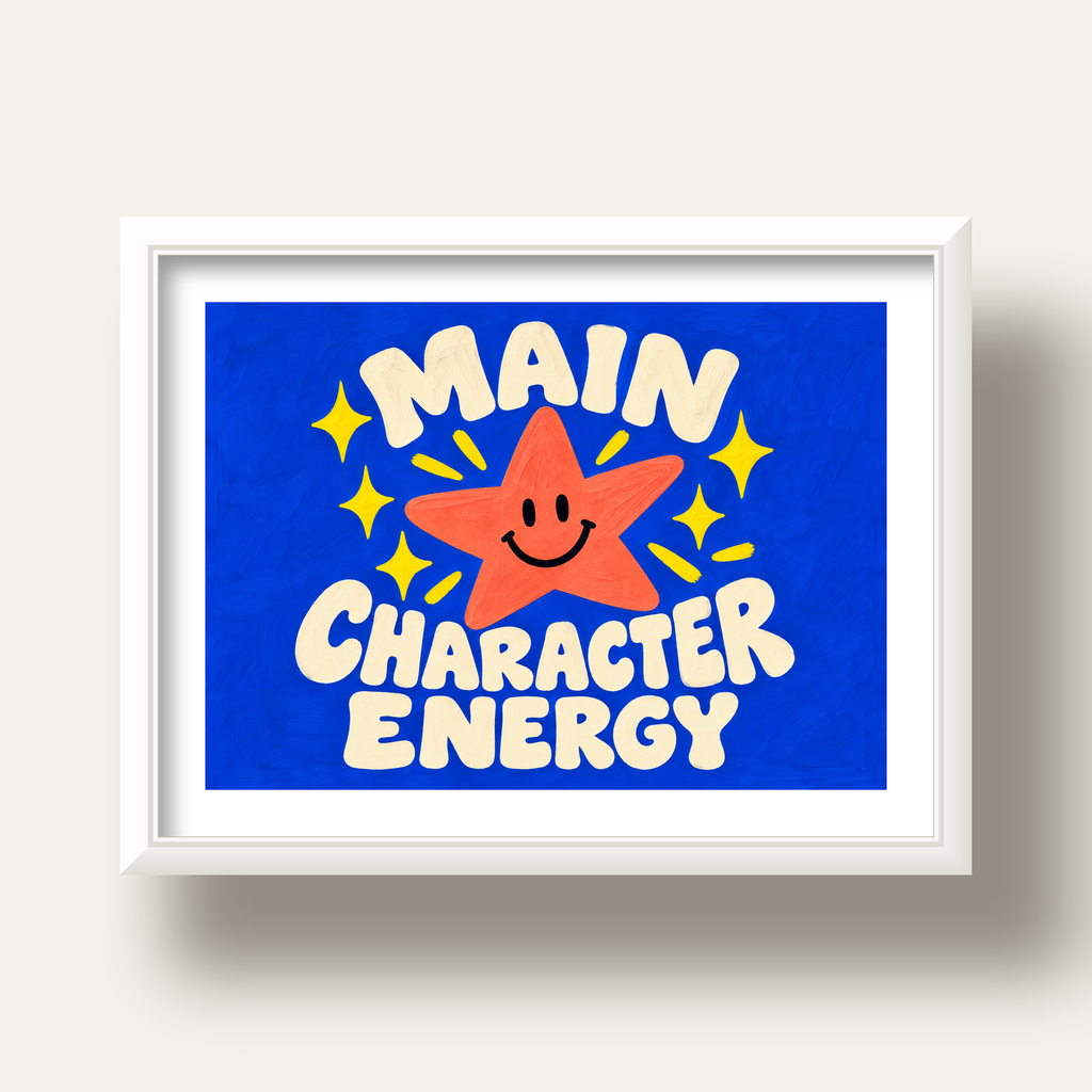 Gülen Yıldız ve 'MAIN CHARACTER ENERGY' Canlı Poster — beyaz derin çerçeveli paspartulu