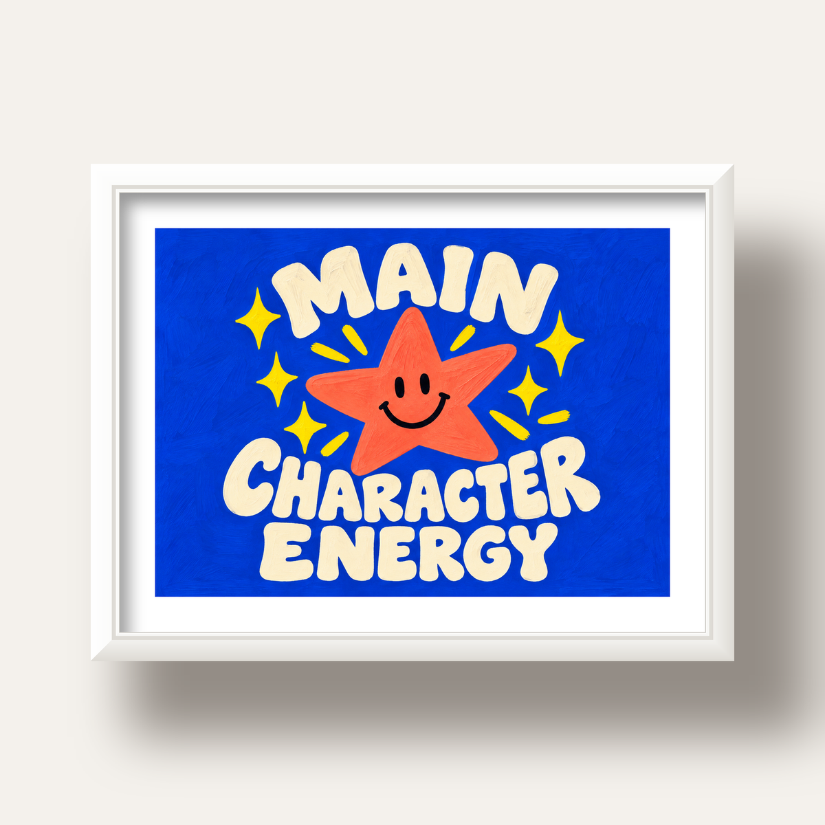 Gülen Yıldız ve 'MAIN CHARACTER ENERGY' Canlı Poster — beyaz derin çerçeveli paspartulu