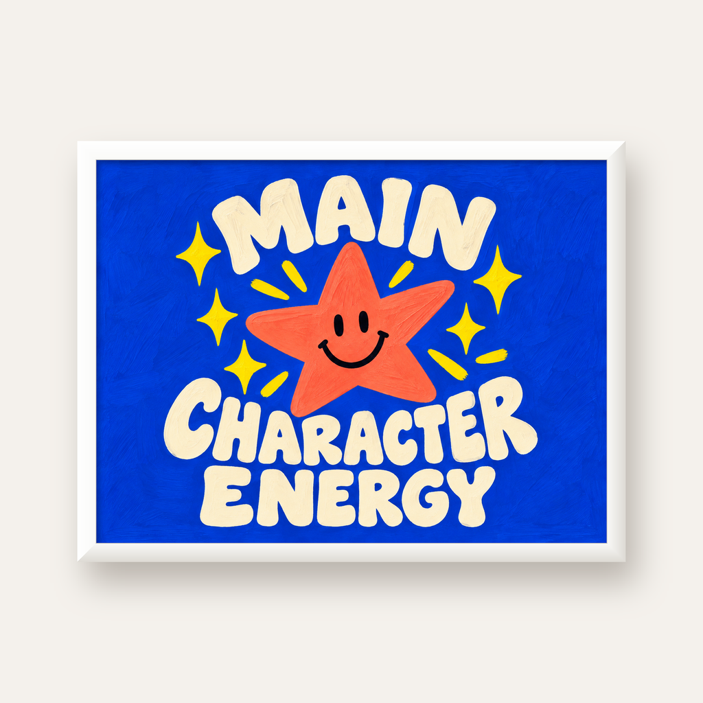 Gülen Yıldız ve 'MAIN CHARACTER ENERGY' Canlı Poster — beyaz çerçeveli yatay poster