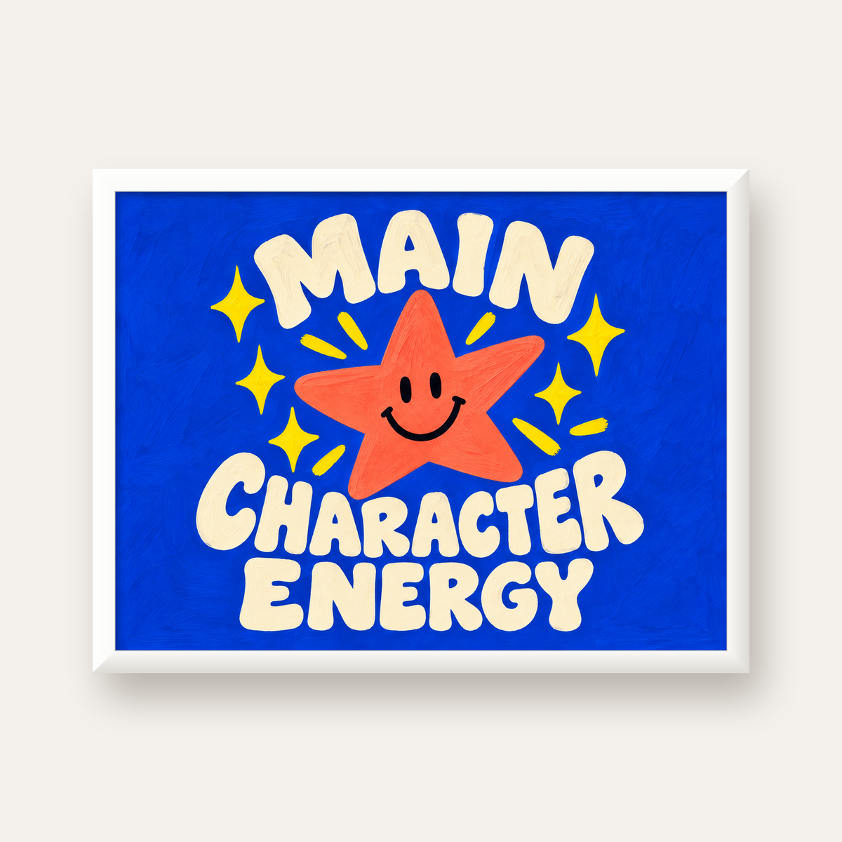 Gülen Yıldız ve 'MAIN CHARACTER ENERGY' Canlı Poster — beyaz çerçeveli yatay poster