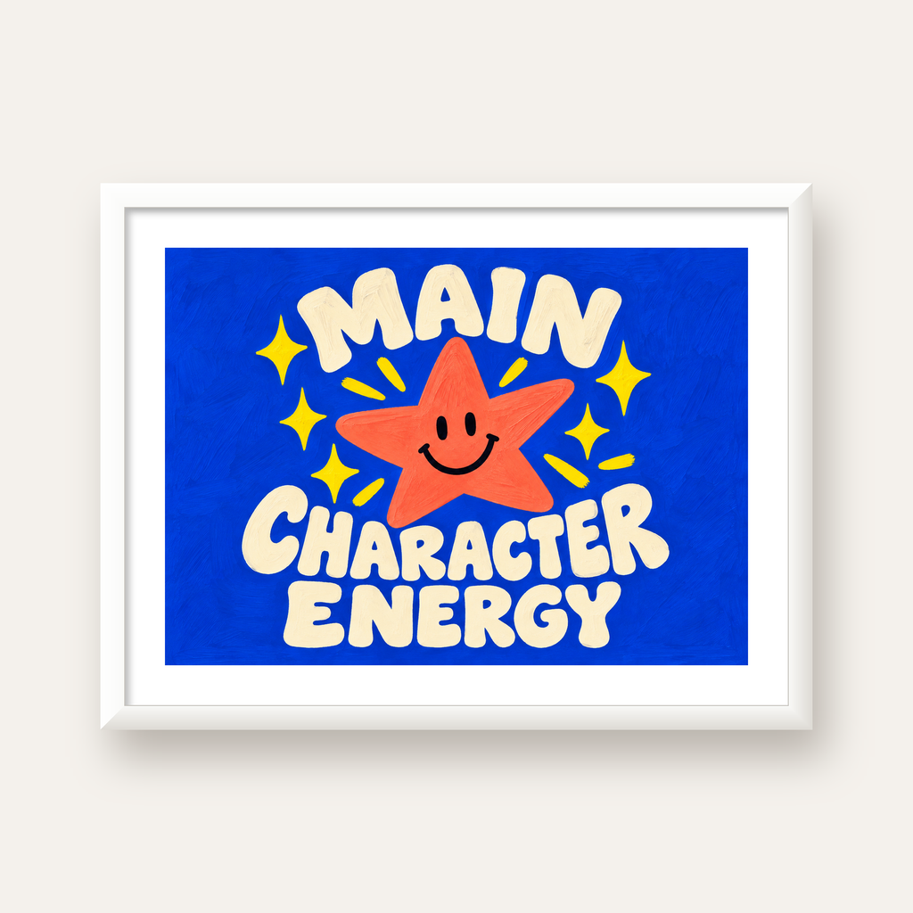 Gülen Yıldız ve 'MAIN CHARACTER ENERGY' Canlı Poster — beyaz çerçeveli yatay poster