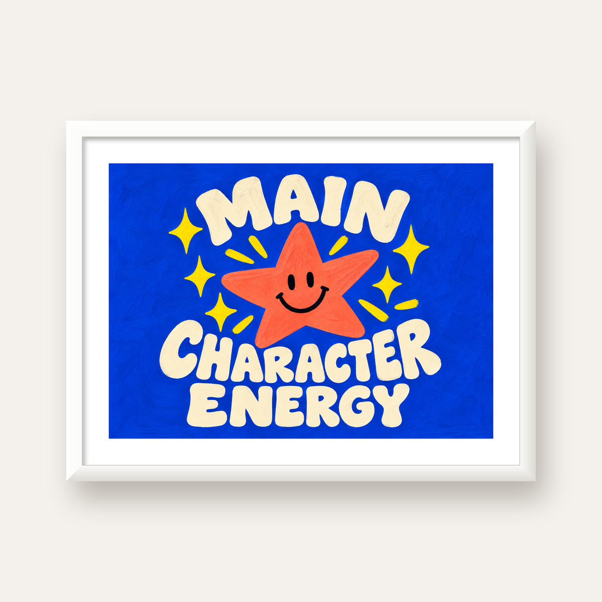 Gülen Yıldız ve 'MAIN CHARACTER ENERGY' Canlı Poster — beyaz çerçeveli yatay poster