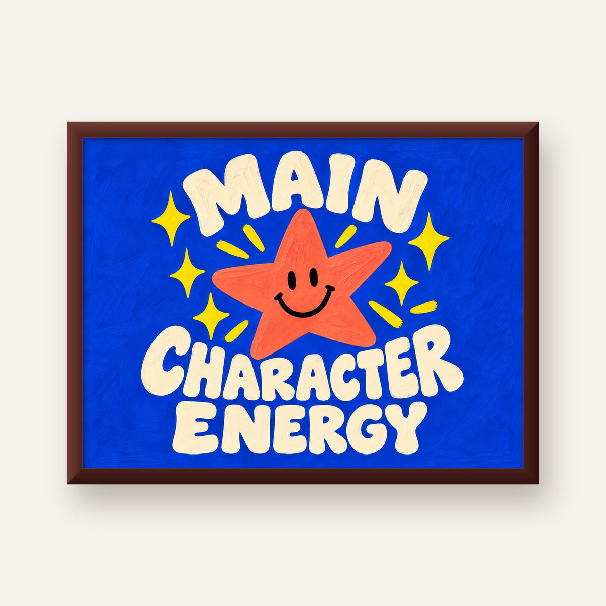Gülen Yıldız ve 'MAIN CHARACTER ENERGY' Canlı Poster — ceviz çerçeveli