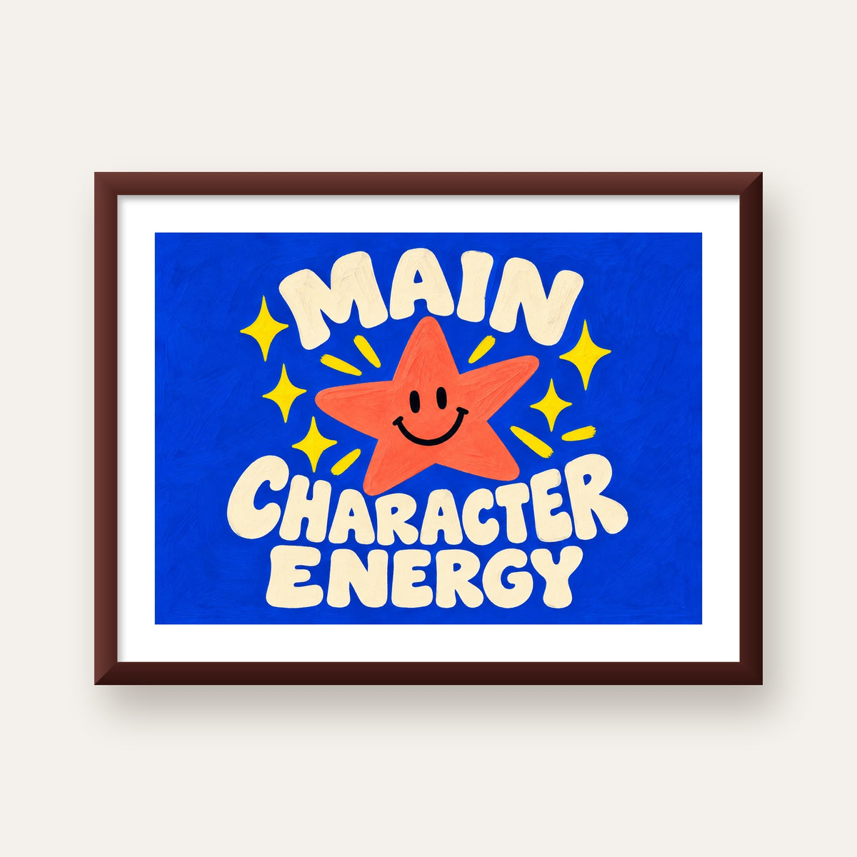 Gülen Yıldız ve 'MAIN CHARACTER ENERGY' Canlı Poster — ceviz çerçeveli paspartulu