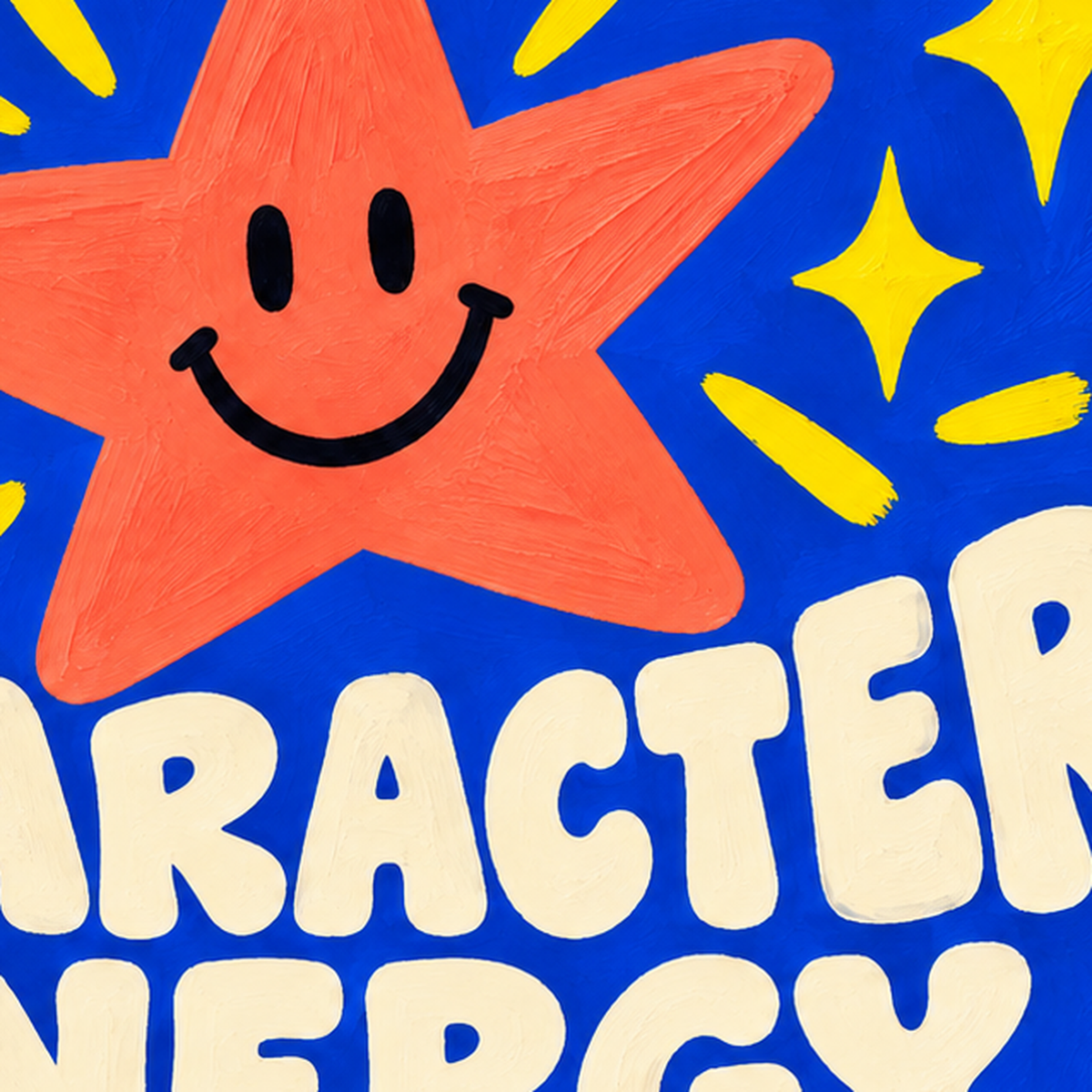 Gülen Yıldız ve 'MAIN CHARACTER ENERGY' Canlı Poster — baskının yakın çekimi, kâğıt dokusu ve renk detayı