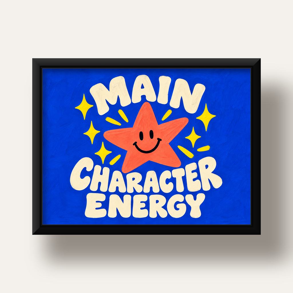 Gülen Yıldız ve 'MAIN CHARACTER ENERGY' Canlı Poster — siyah derin çerçeveli