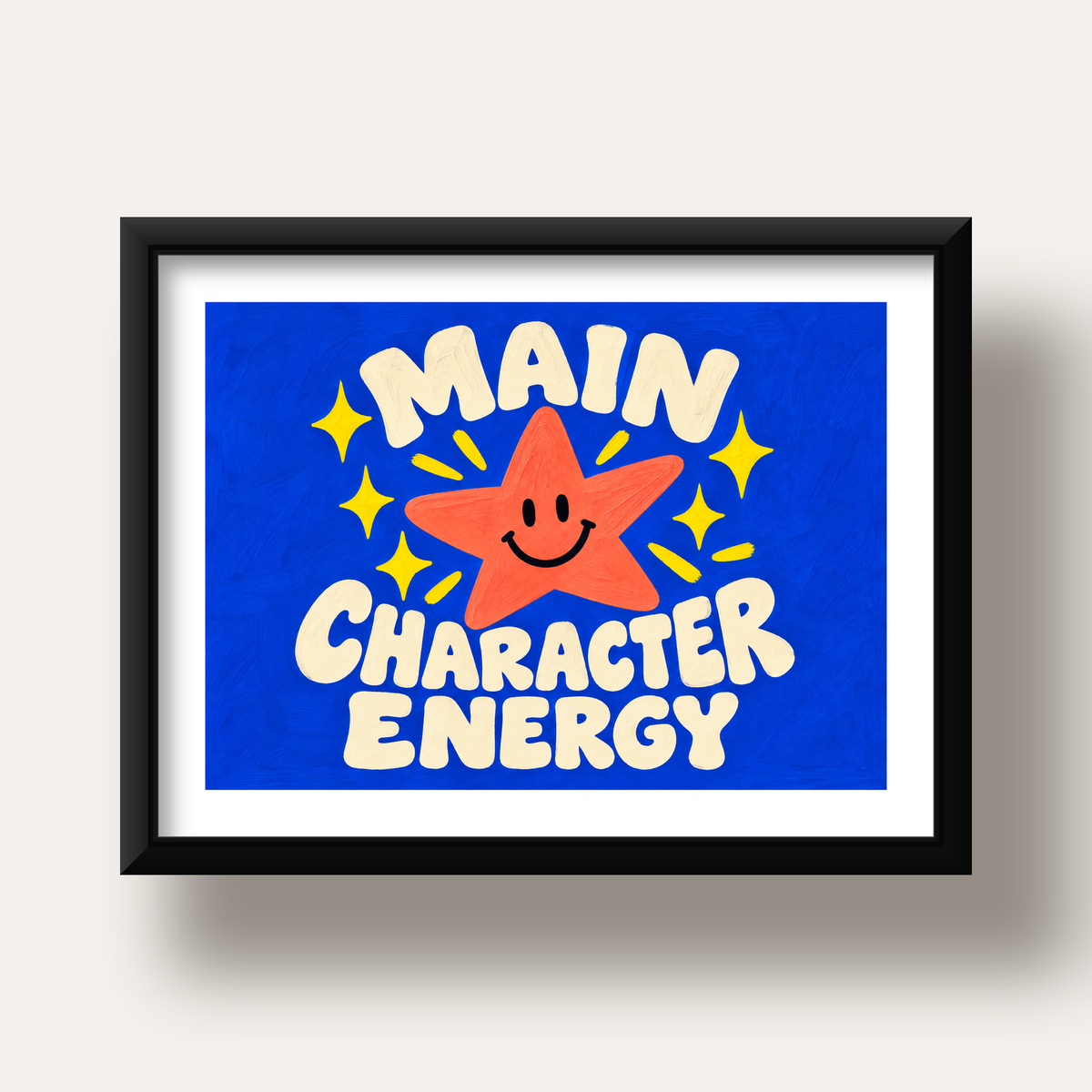 Gülen Yıldız ve 'MAIN CHARACTER ENERGY' Canlı Poster — siyah derin çerçeveli paspartulu