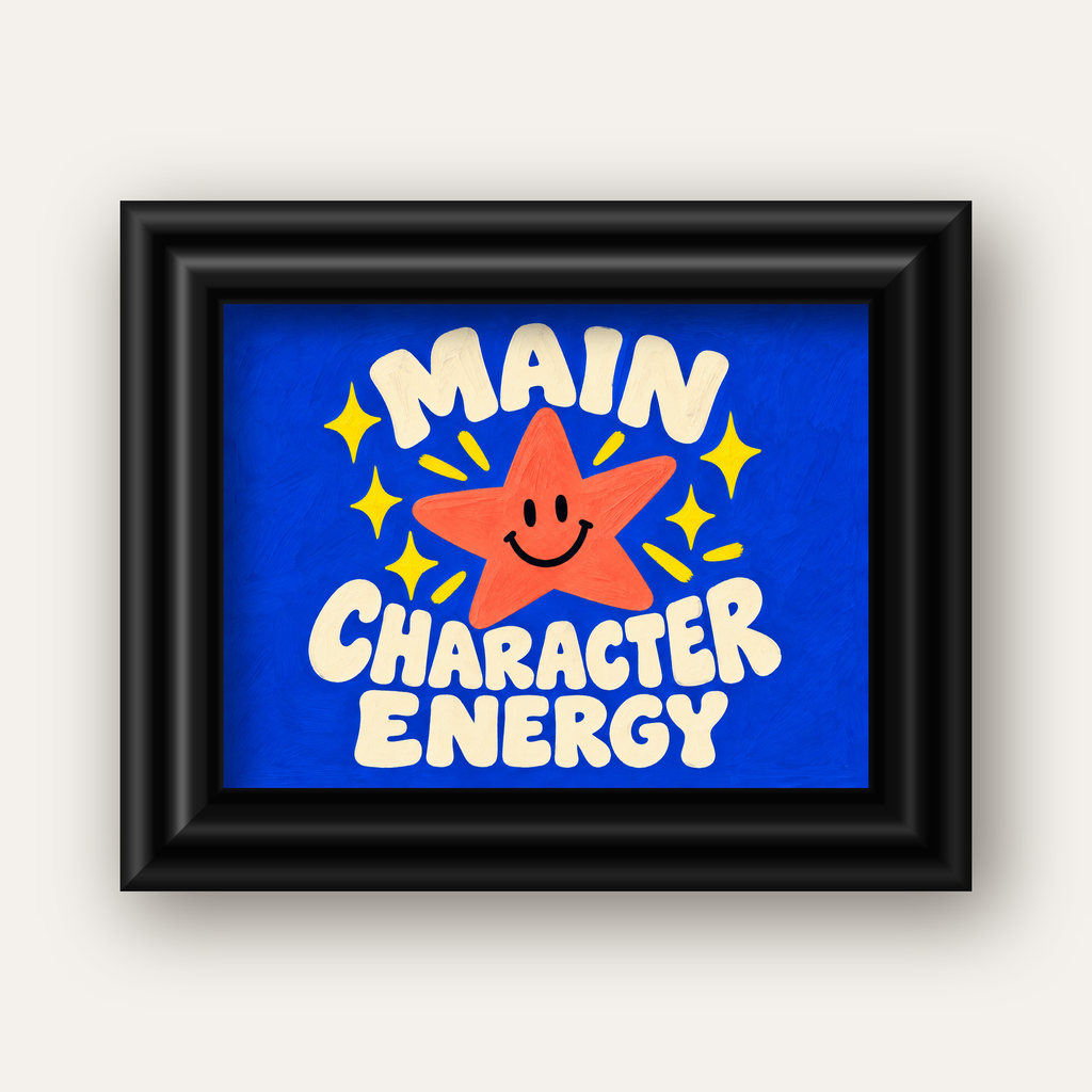 Gülen Yıldız ve 'MAIN CHARACTER ENERGY' Canlı Poster — siyah galeri çerçeveli
