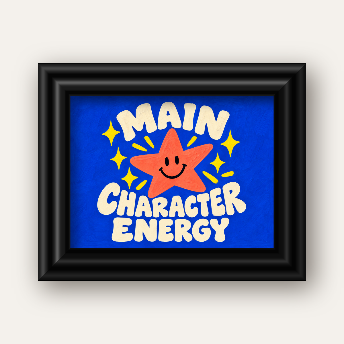 Gülen Yıldız ve 'MAIN CHARACTER ENERGY' Canlı Poster — siyah galeri çerçeveli