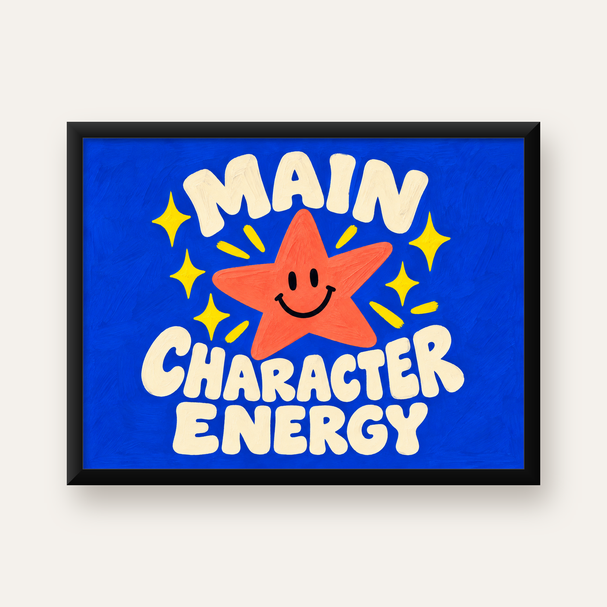 Gülen Yıldız ve 'MAIN CHARACTER ENERGY' Canlı Poster — Yatay baskı, düz siyah çerçeveli duvar posteri