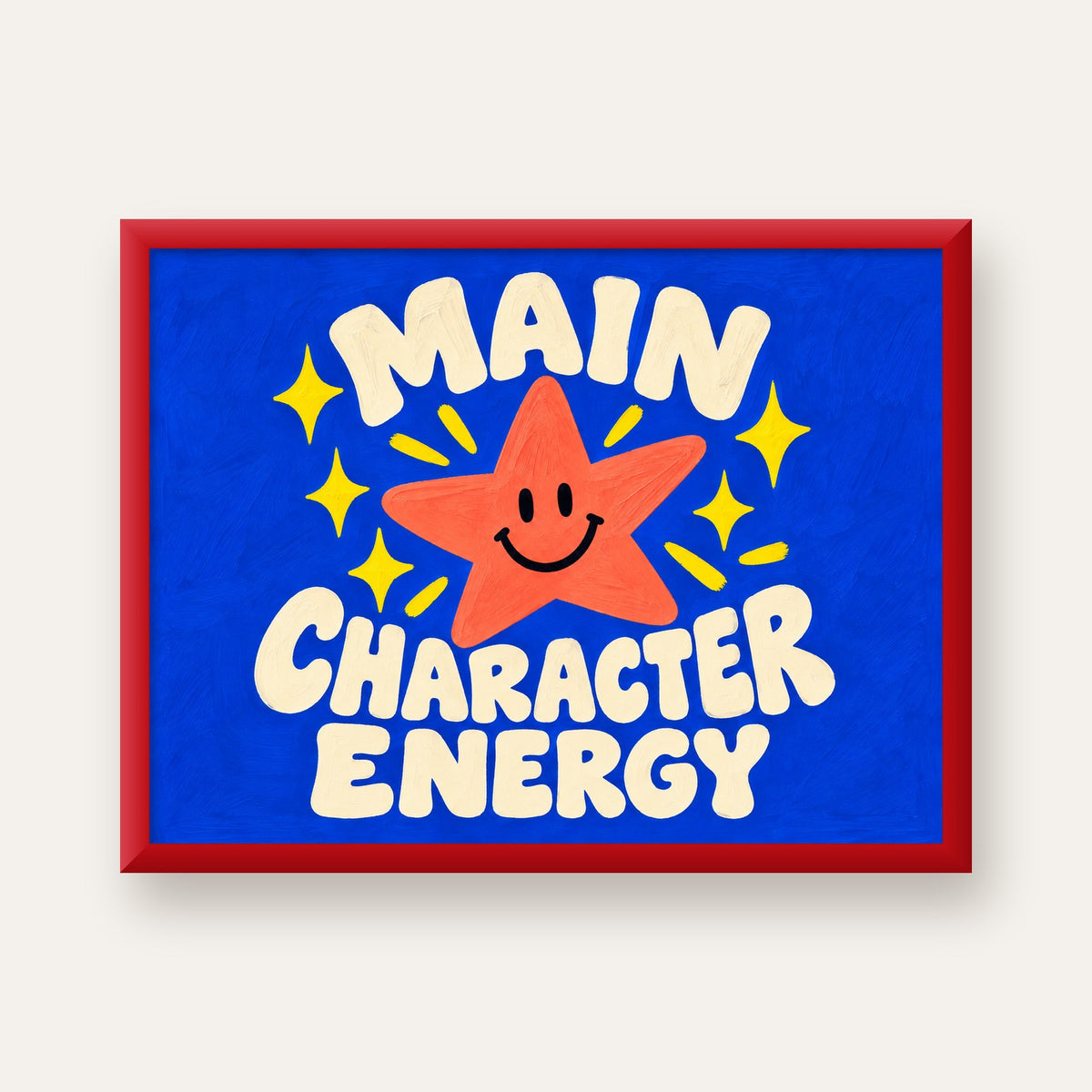 Gülen Yıldız ve 'MAIN CHARACTER ENERGY' Canlı Poster — kırmızı çerçeveli