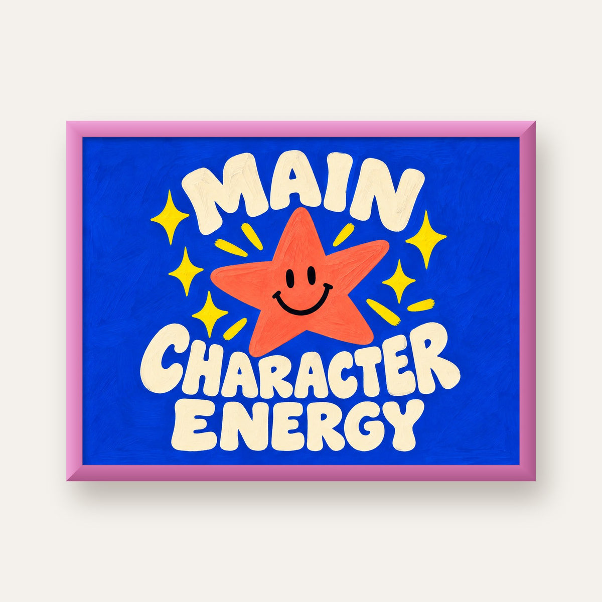 Gülen Yıldız ve 'MAIN CHARACTER ENERGY' Canlı Poster — pembe çerçeveli